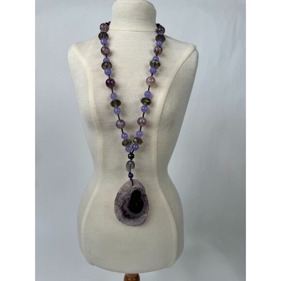 Dyed Agate Pendant Necklace With Beads & Large Purple Stone 13" Long Unique Boho - Picture 1 of 15